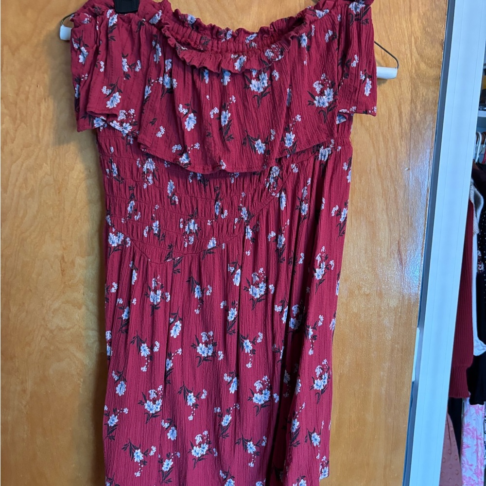 American Eagle Outfitters Red Floral Off-Shoulder Dress